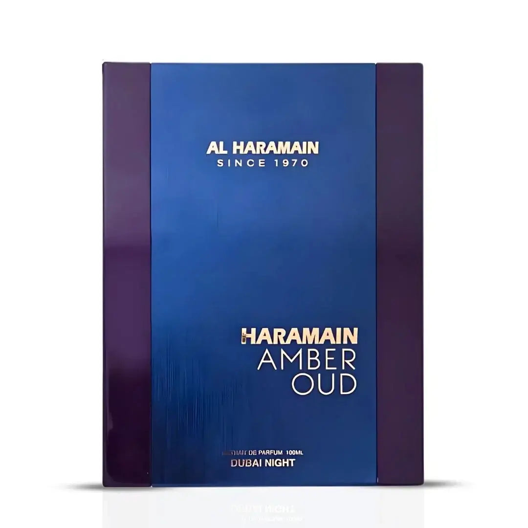 Al Haramain Amber Oud Dubai Night perfume packaging on a white background