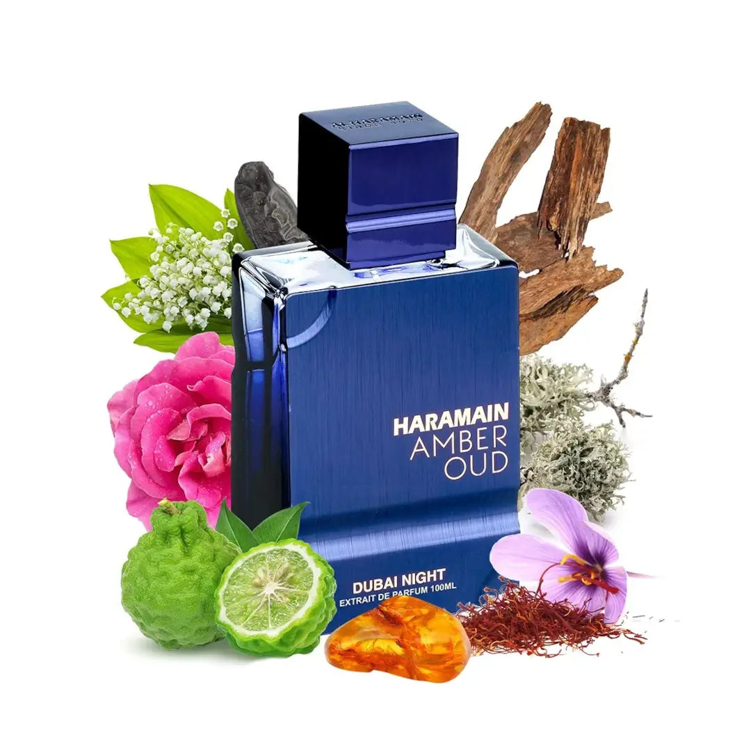 Haramain Amber Oud Dubai Night perfume bottle with floral and natural elements on a white background