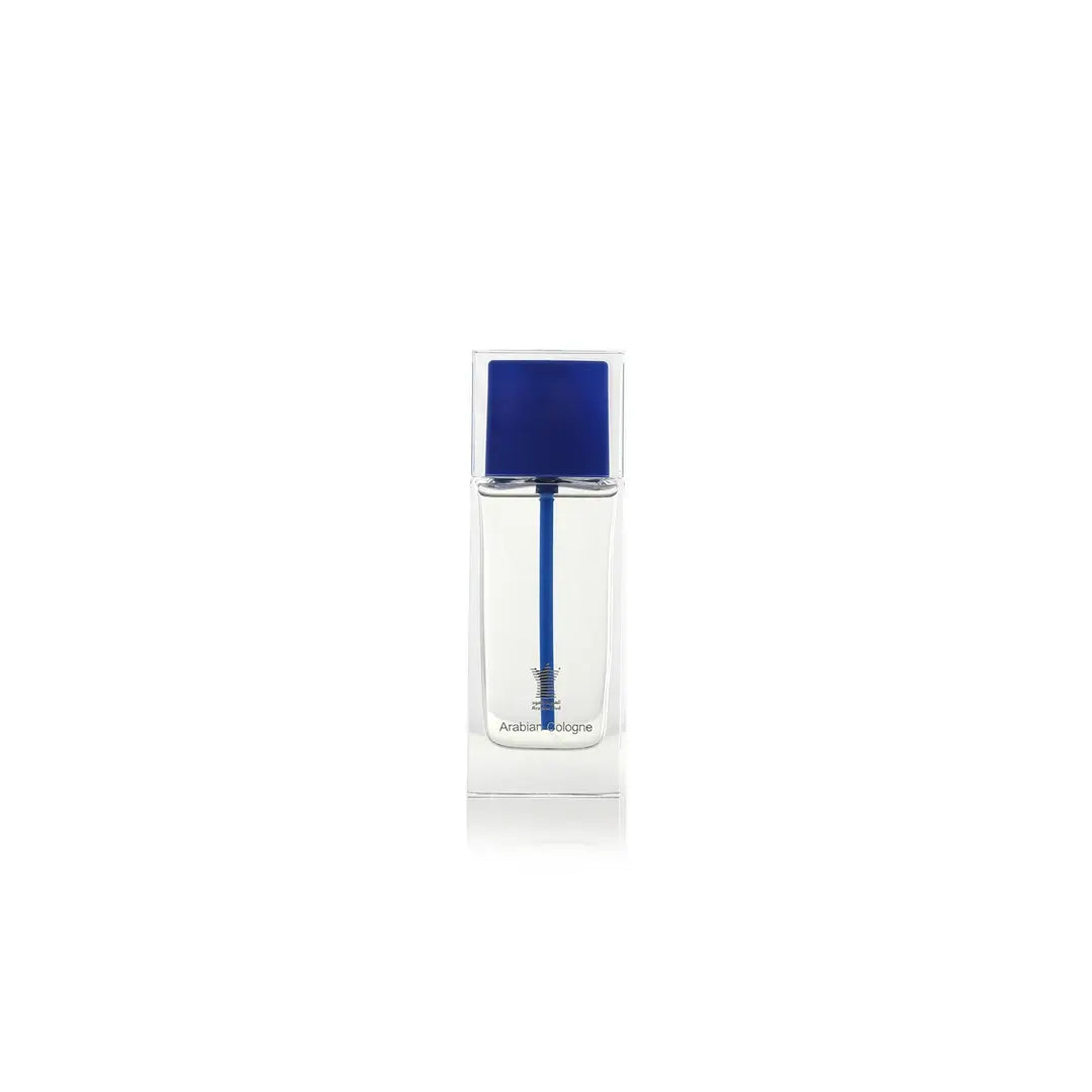 Arabian Cologne Blue perfume bottle with blue cap and label on a white background by Arabian oud @ ArabiaScents