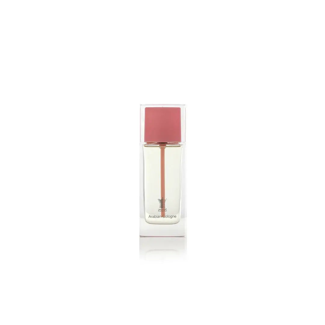 Arabian Cologne Pink perfume bottle with pink cap and label on a white background by Arabian oud @ ArabiaScents