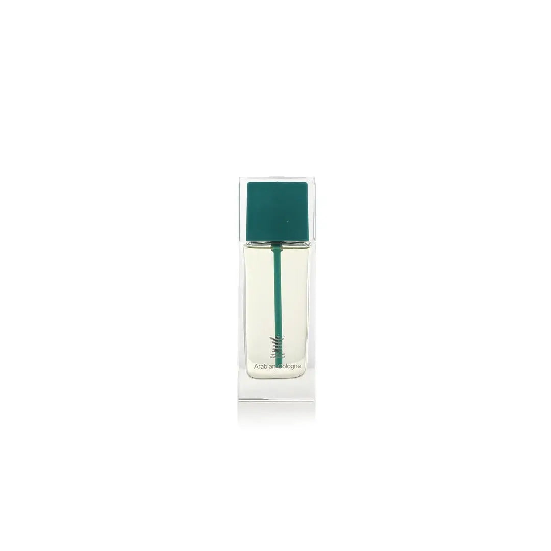 Arabian Cologne Turquoise Perfume bottle with teal cap on a white background by Arabian Oud @ ArabiaScents