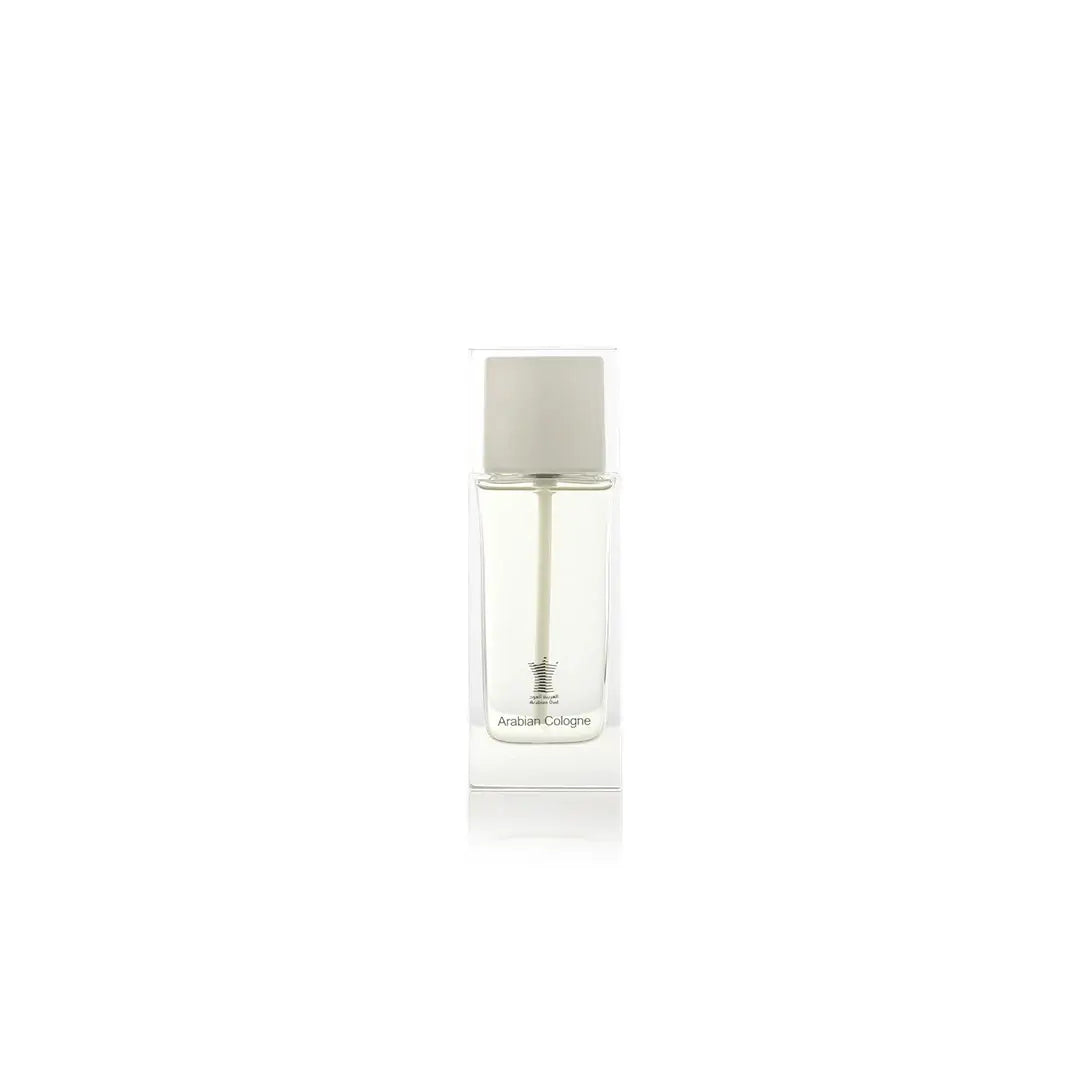Arabian Cologne White perfume bottle with white cap and label on a white background by Arabian oud @ ArabiaScents