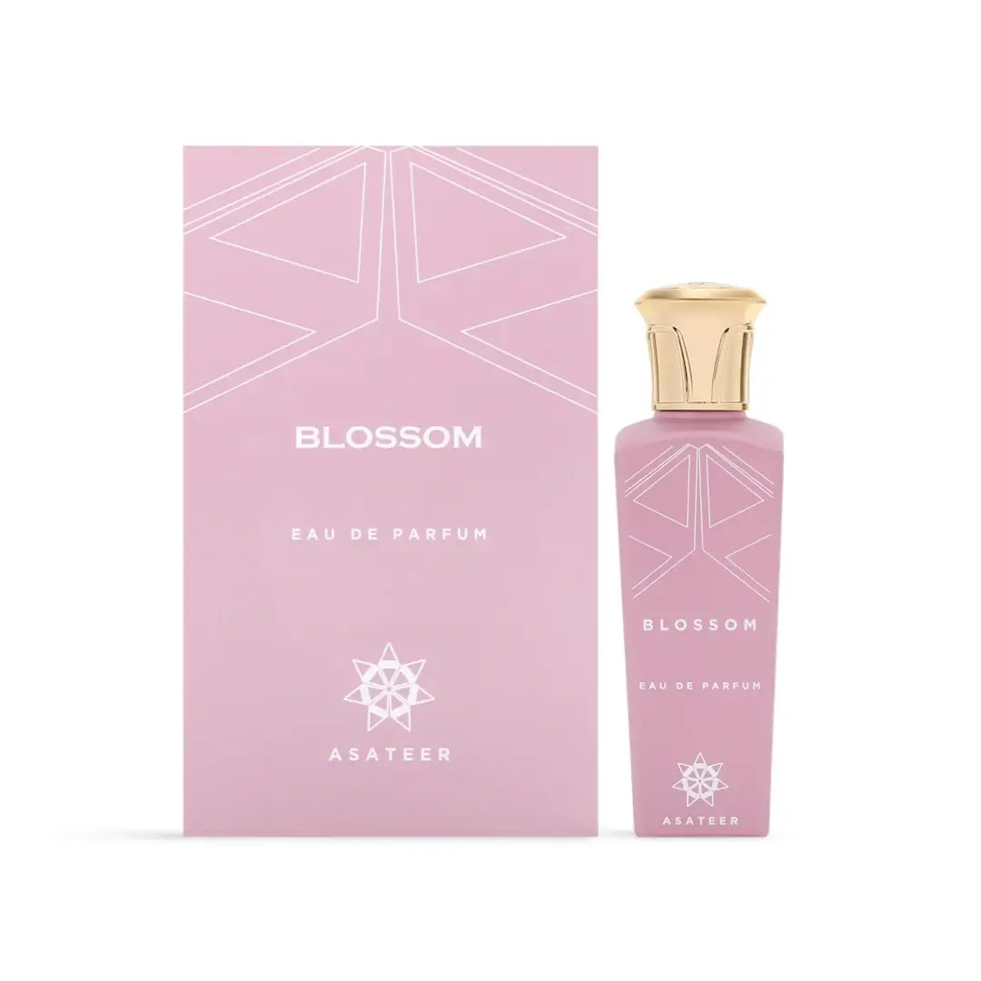 'Blossom' Eau de Parfum bottle and packaging with geometric design on a white background with 'Asateer' branding