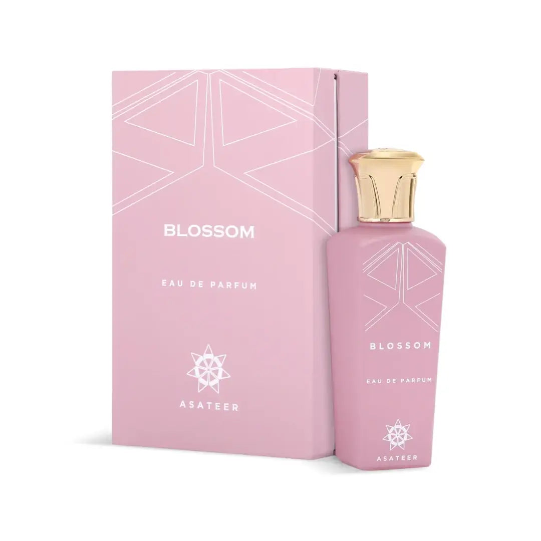'Blossom' Eau de Parfum bottle and packaging with geometric design on a white background with 'Asateer' branding