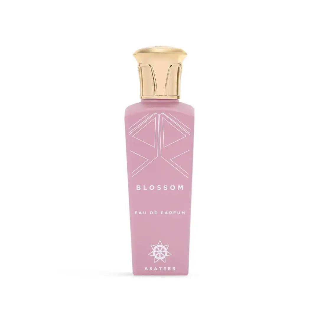 'Blossom' perfume bottle with gold cap on a white background with 'Asateer' branding