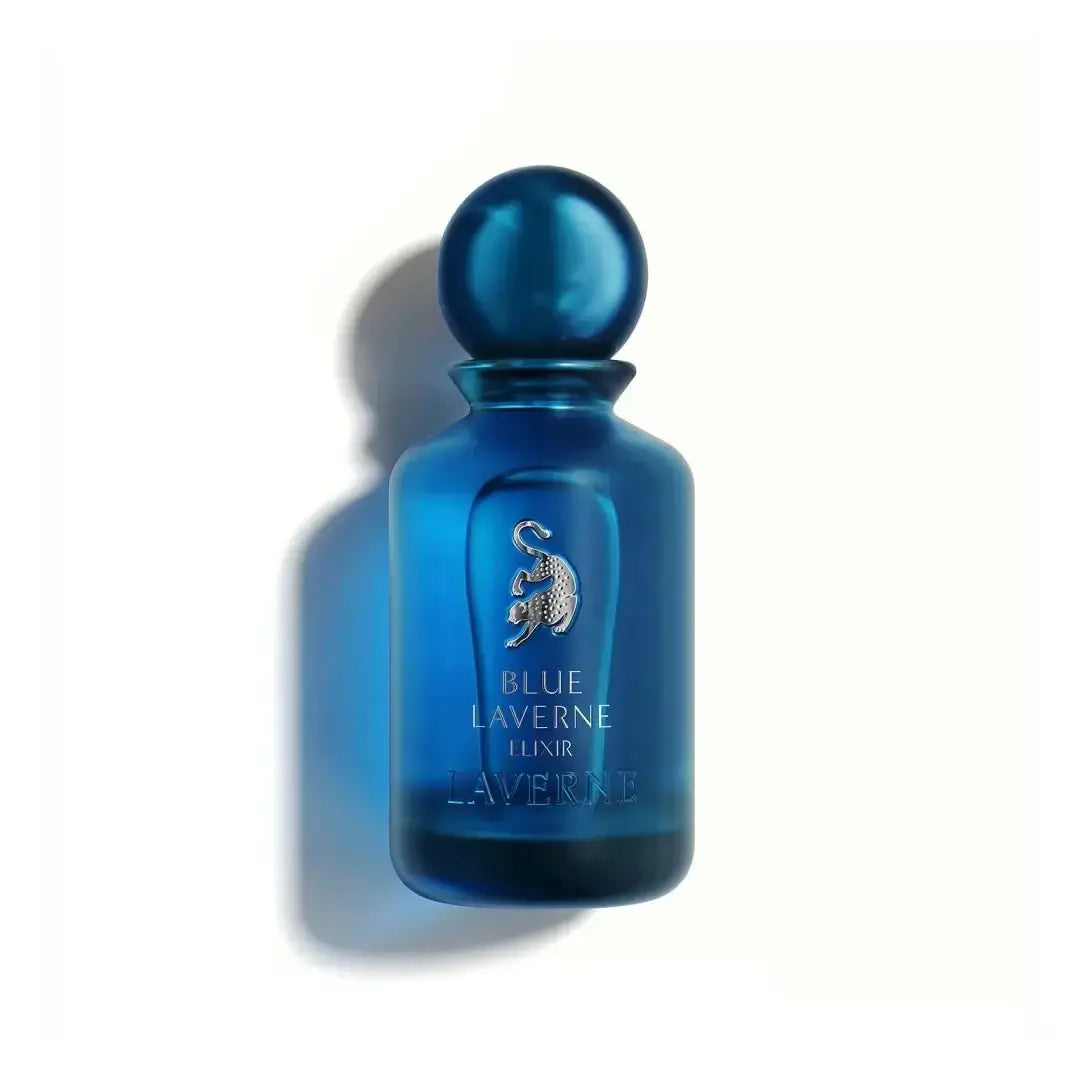Blue Laverne elixir bottle on a white background