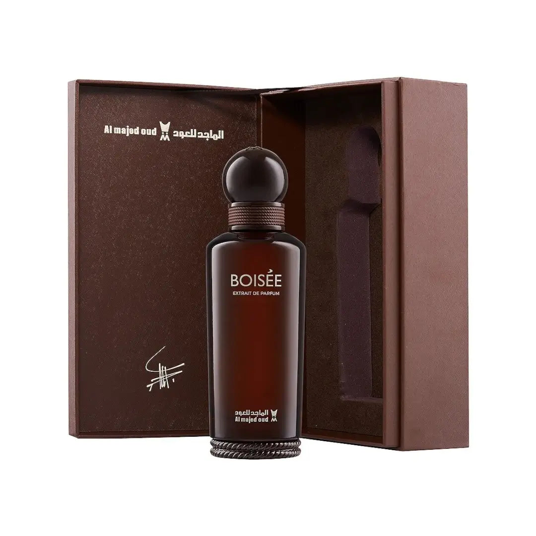 'Boisée' perfume bottle with brown packaging on a white background with 'Al Majed Oud' branding