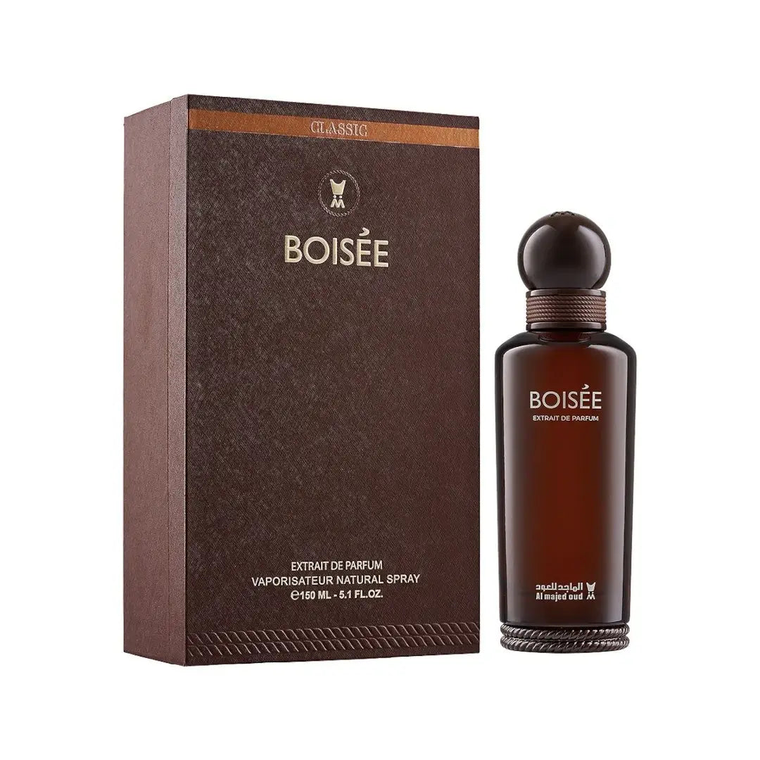 'Boisee' perfume bottle and packaging on a white background with ' Al Majed Oud' branding
