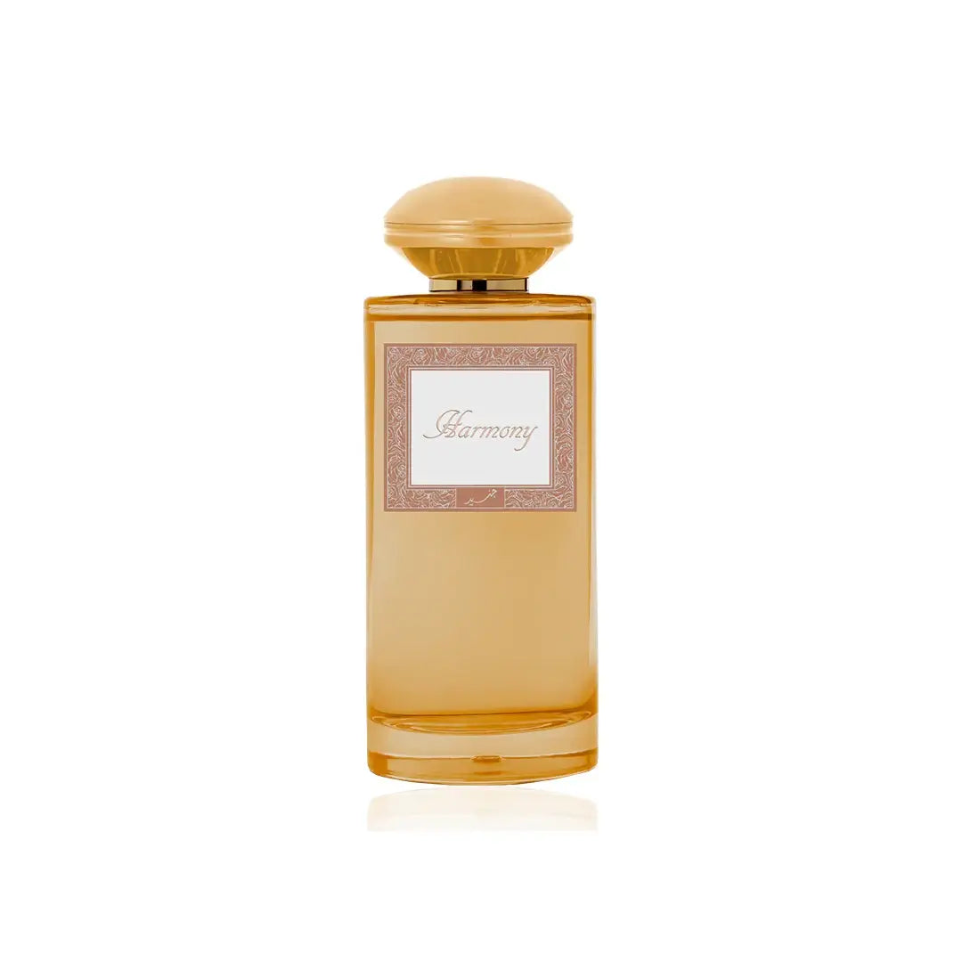 Perfume bottle labeled 'Harmony' by Junaid on a white background