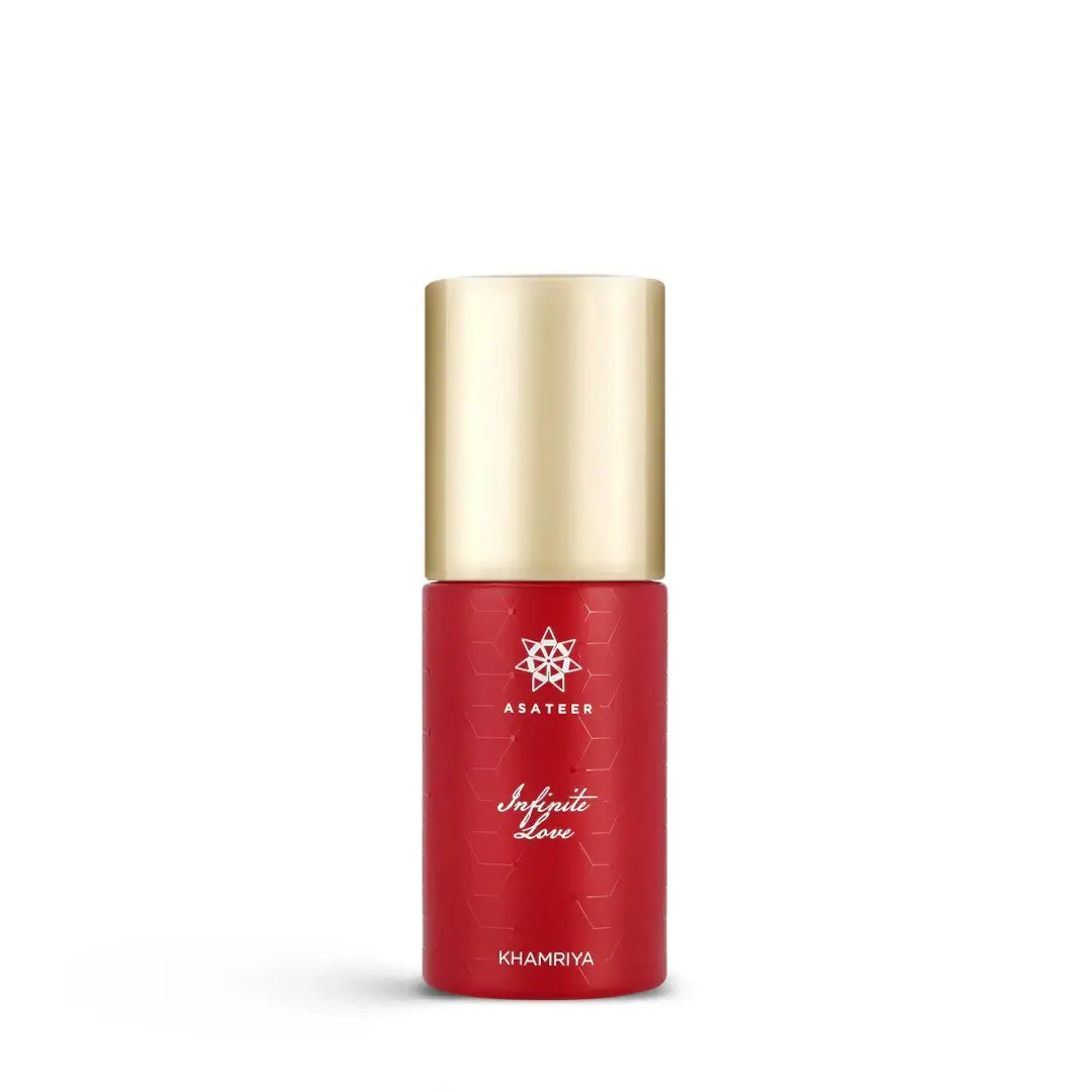 'Infinite Love Khamriya' red bottle with 'Asateer' branding in a white background