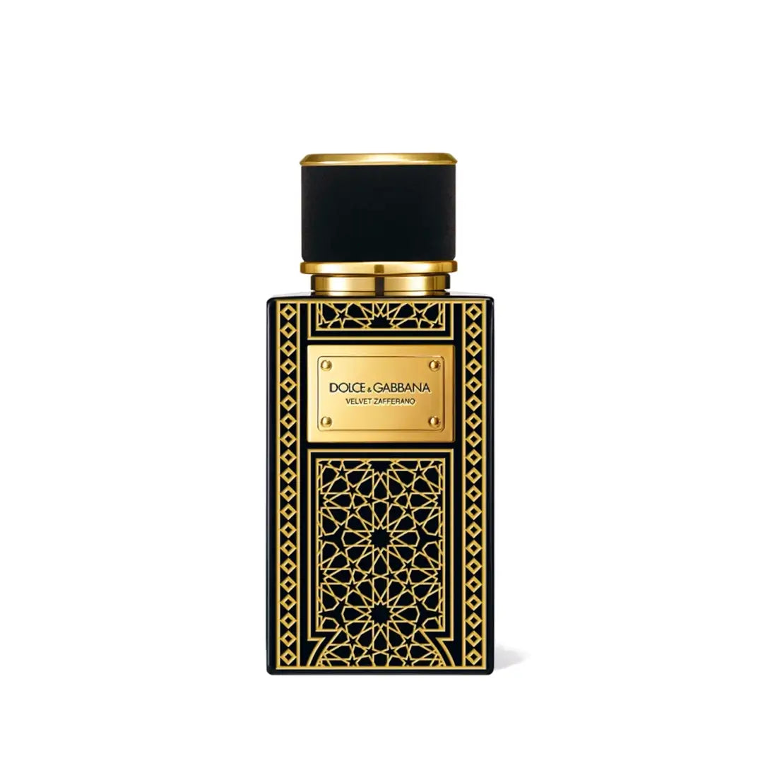 Dolce & Gabbana Limited Eid Edition Velvet Zafferano perfume bottle with intricate design on a white background