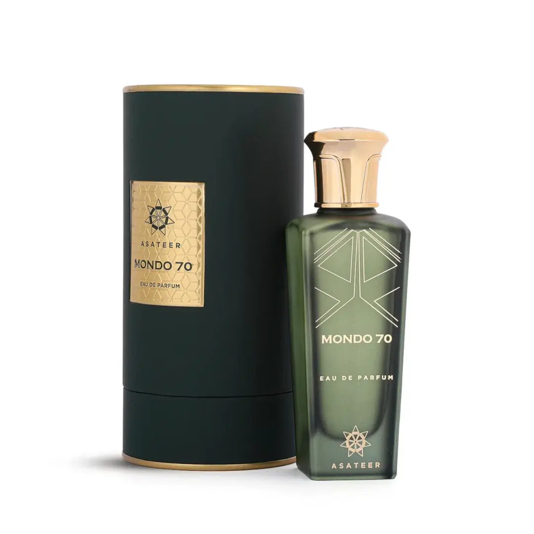 'Mondo 70' perfume bottle green and black cylindrical packaging on a white background with 'Asateer branding