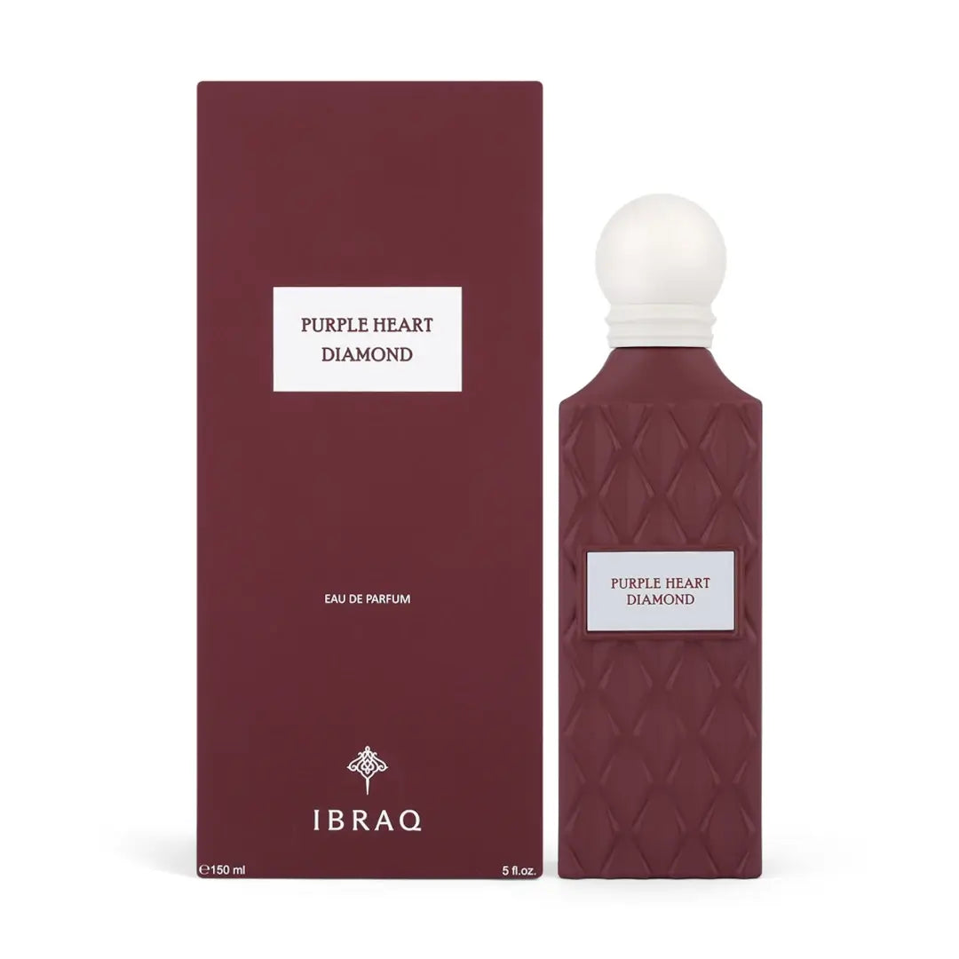 Maroon perfume bottle and packaging with 'Purple Heart Diamond' label on a white background by IBRAQ