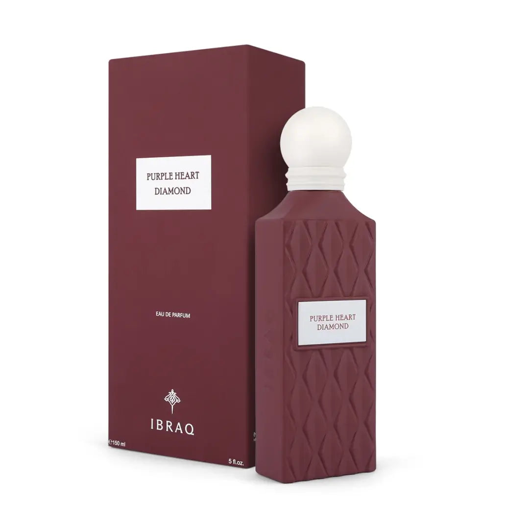Maroon perfume bottle labelled "Purple Heart Diamond" and packaging with 'Ibraq' branding on a white background