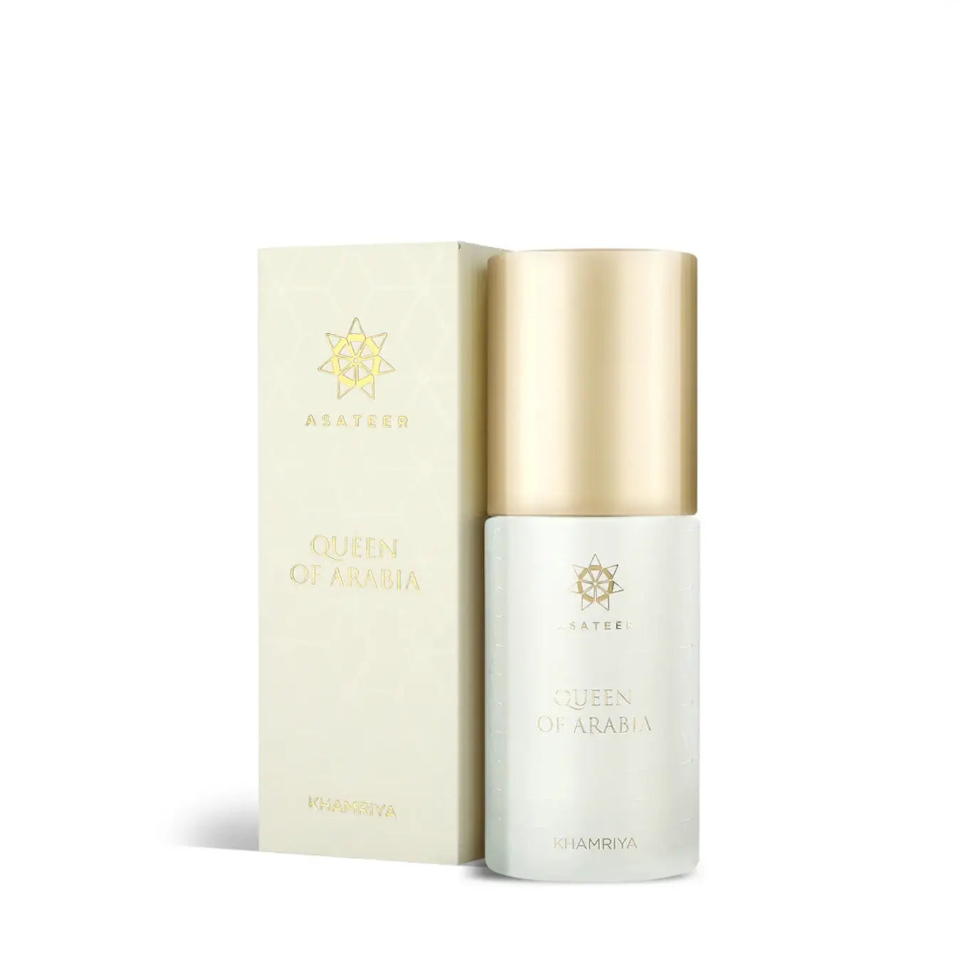 'Queen Of Arabia Khamriya' bottle and packaging with 'Asateer' branding on a white background