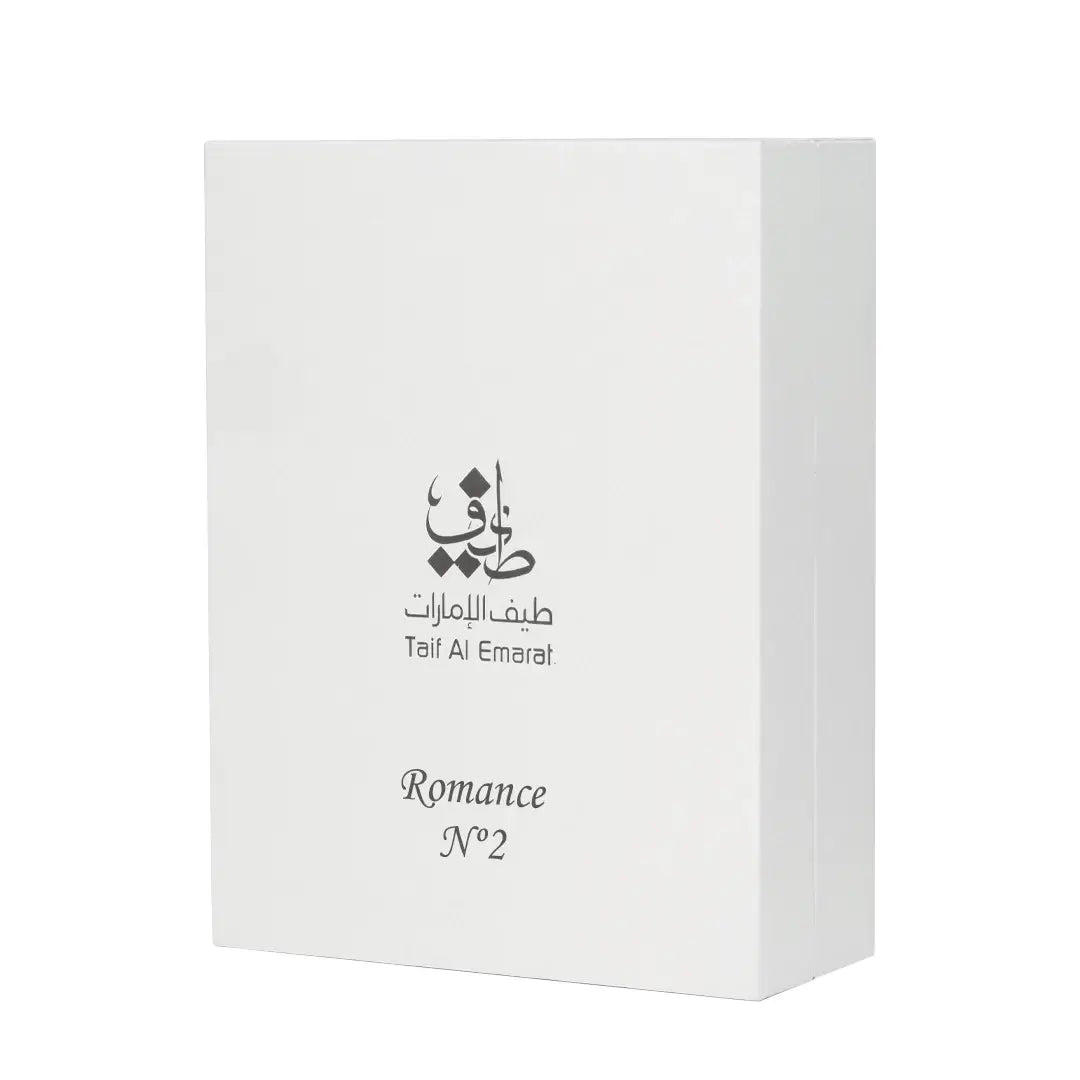 White box with Taif Al Emarat branding and 'Romance No.2' text on a white background