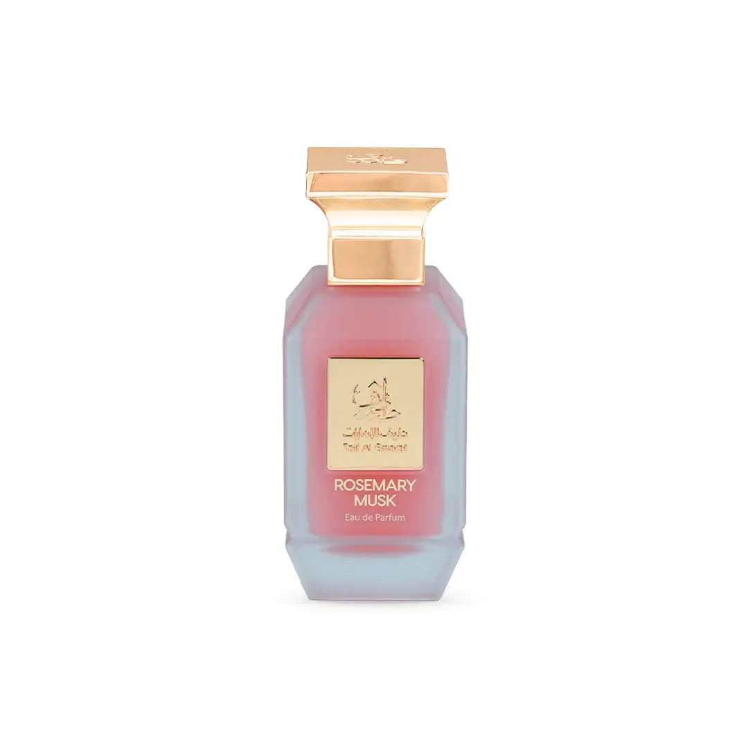 Perfume bottle labeled 'Rosemary Musk' by Taif Al Emarat with a gold cap on a white background
