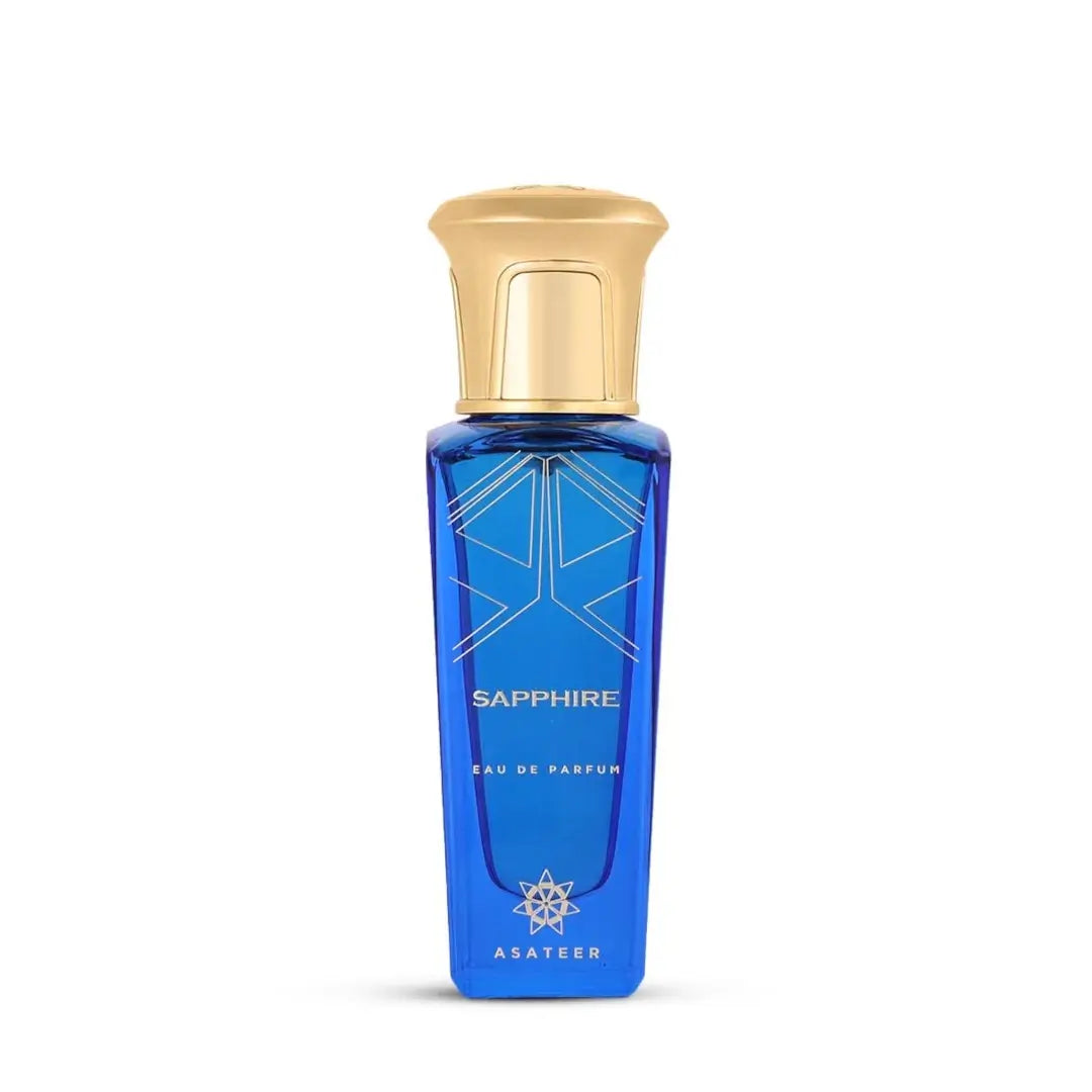 Blue perfume bottle with gold cap labeled 'Sapphire' on a white background with 'Asateer' branding