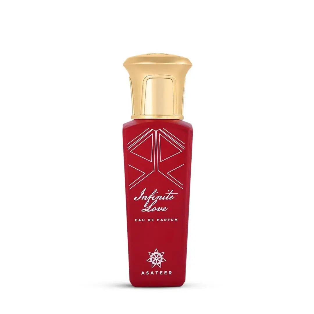 'Infinite Love' perfume bottle with gold cap on a white background with 'Asateer' branding