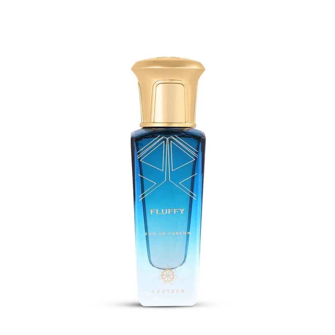'Fluffy' perfume bottle with gold cap on a white background with 'Asateer' branding