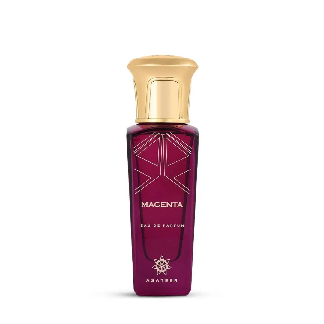 'Magenta' perfume bottle with gold cap on a white background with 'Asateer' branding