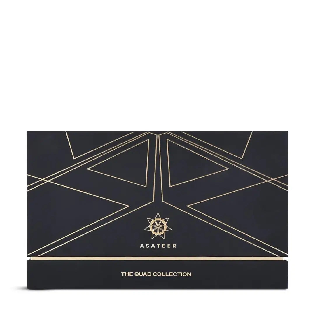 Black packaging with gold geometric design and 'Asateer' branding on a white background