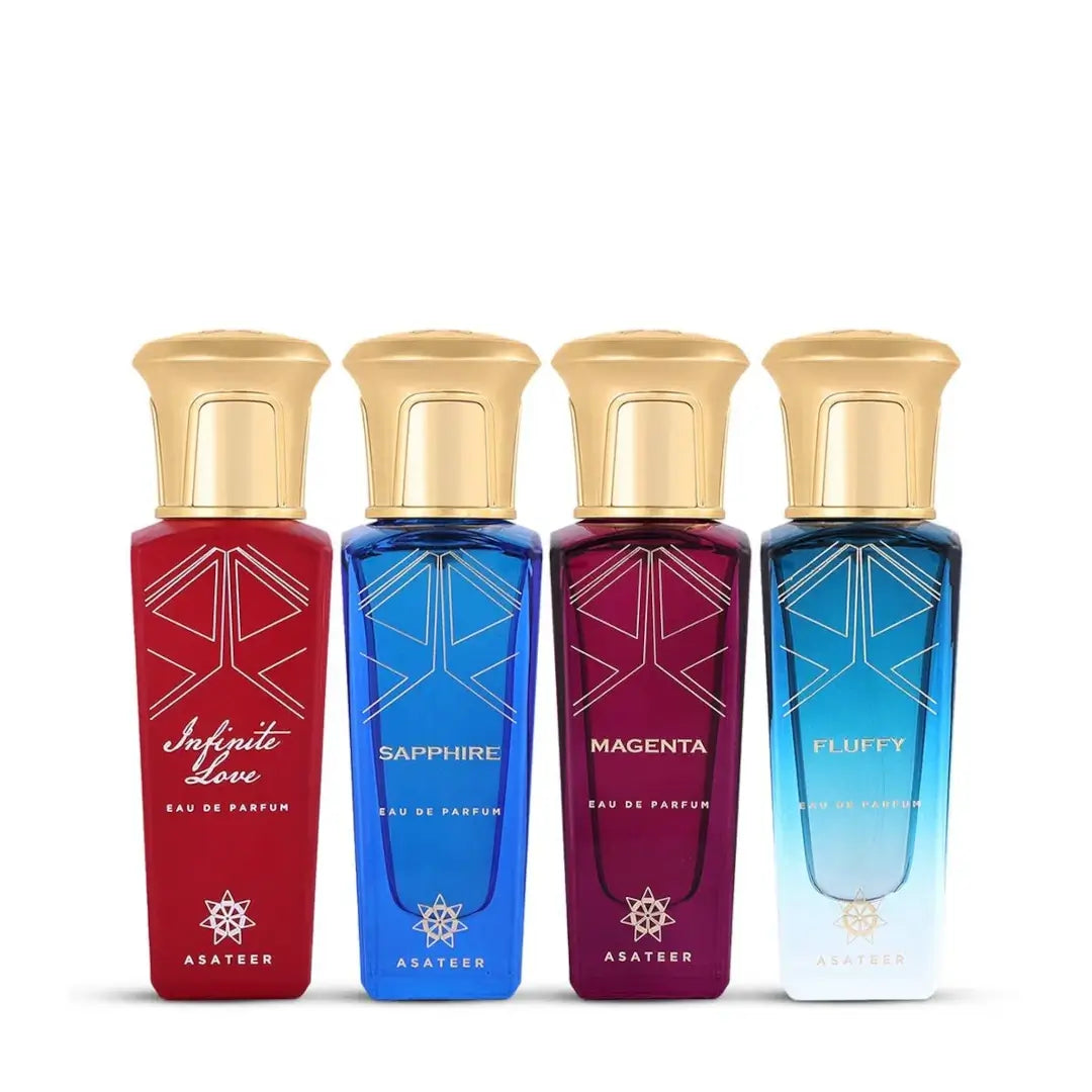 'the Quad Collection' perfume bottles with gold caps on a white background with 'Asateer' branding