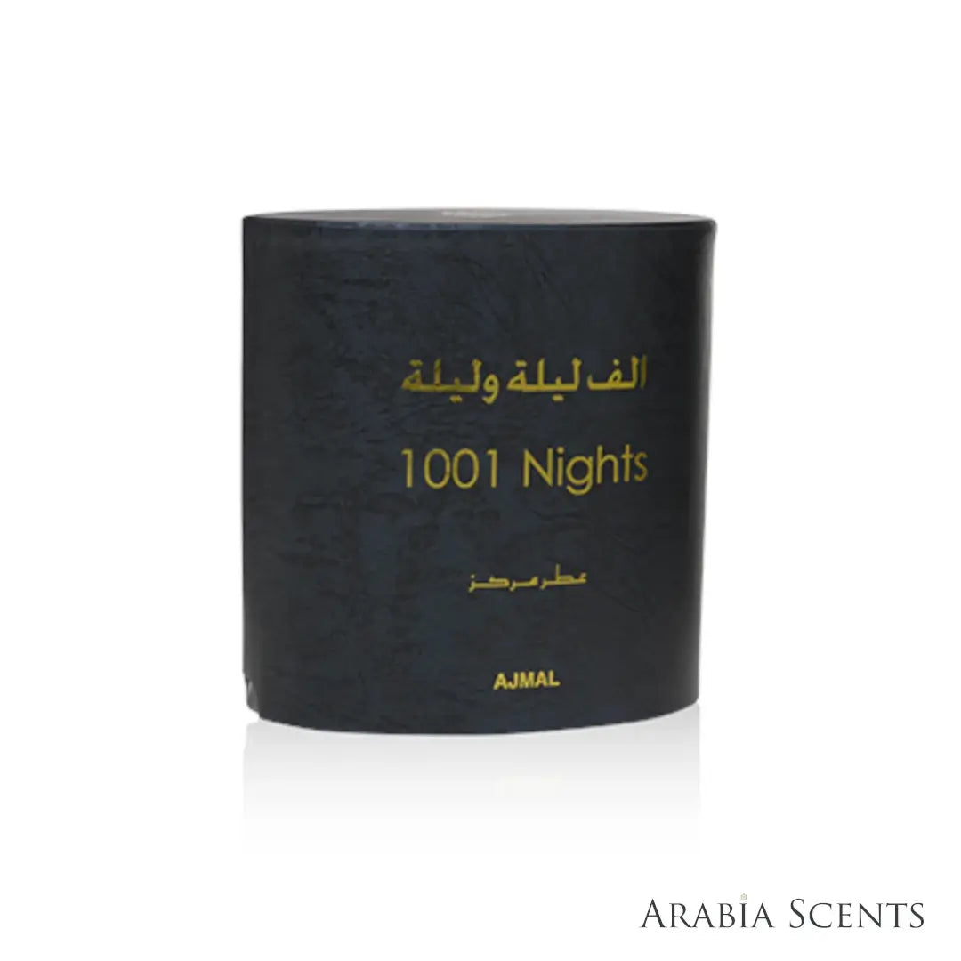 '1001 Nights' perfume oil packaging  on a white background with 'Ajmal' branding featured by 'Arabiascents'