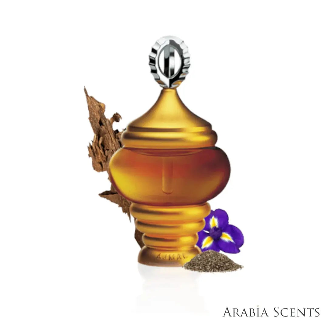'1001 Nights' perfume oil bottle with fragrance notes on a white background with 'Ajmal' branding featured by 'Arabiascents'