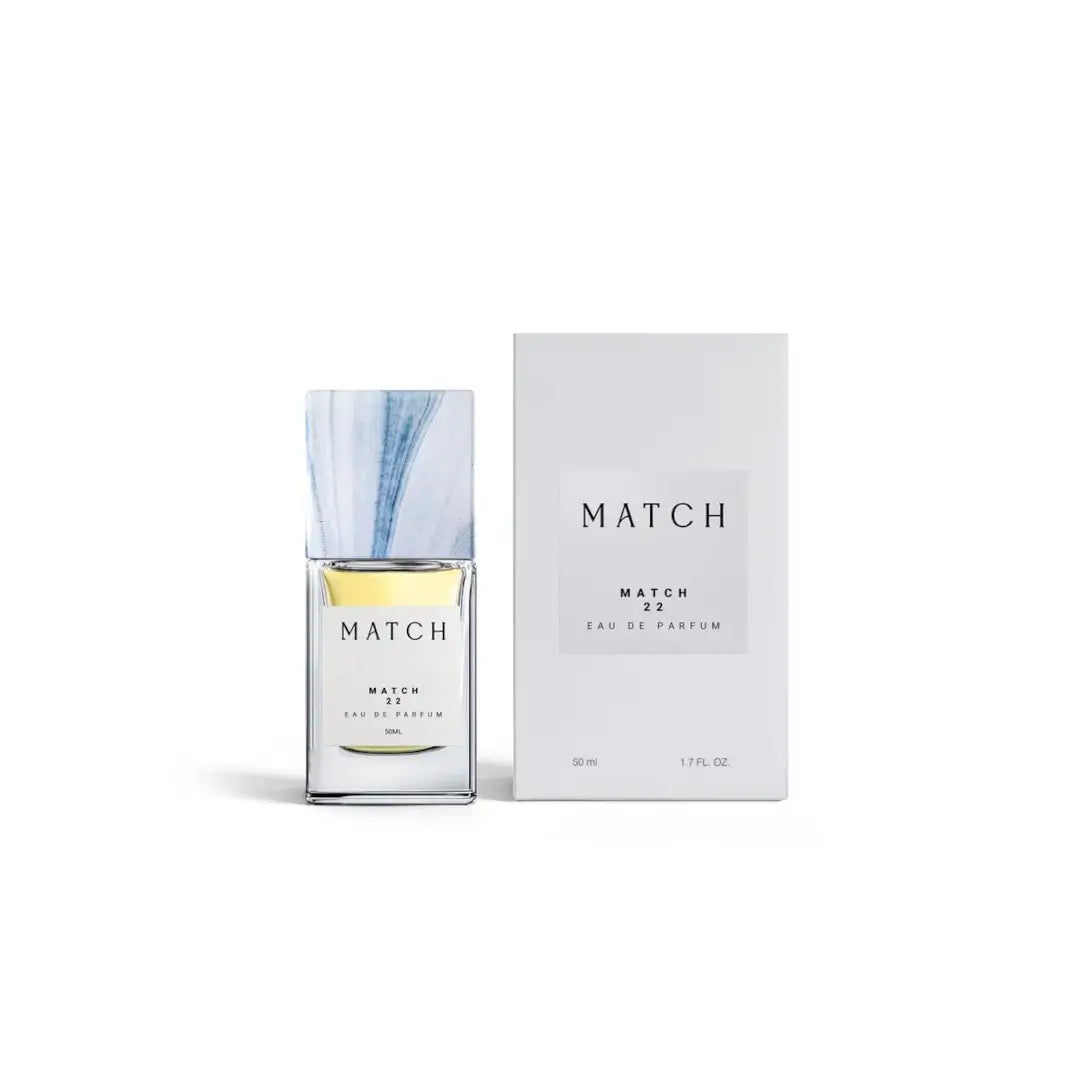 '22' perfume bottle & packaging in a white background with 'Match' branding