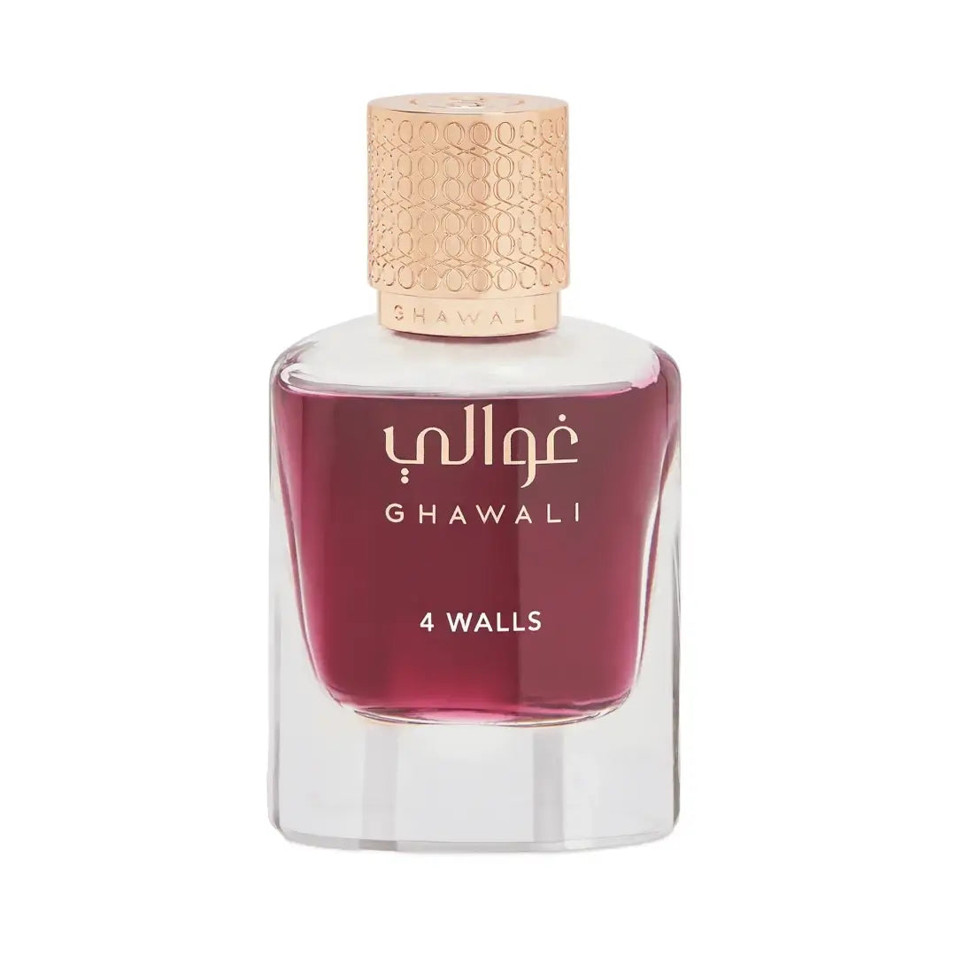 '4 Walls' perfume bottle with gold cap on a white background with 'Ghawali' branding