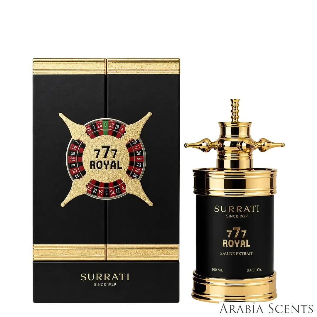 '777 Royal' perfume bottle & packaging on a white background with 'Surrati' branding featured by 'Arabiascents'