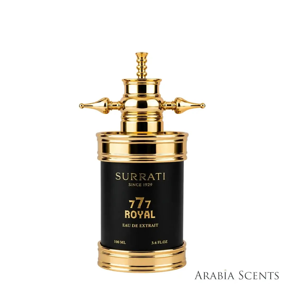 '777 Royal' perfume bottle on a white background with 'Surrati' branding featured by 'Arabiascents'