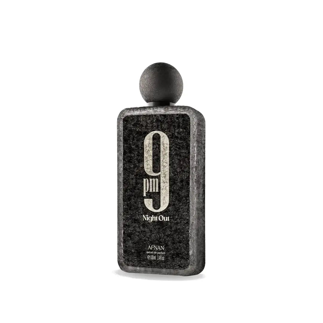 Perfume bottle labeled '9 PM Night Out' by Afnan on a white background