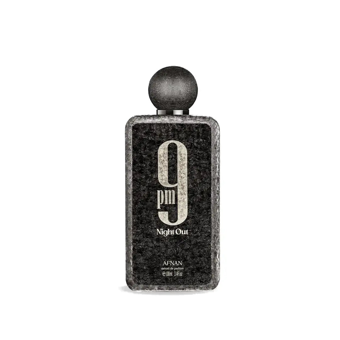 Perfume bottle labeled '9 Night Out' by Afnan on a white background