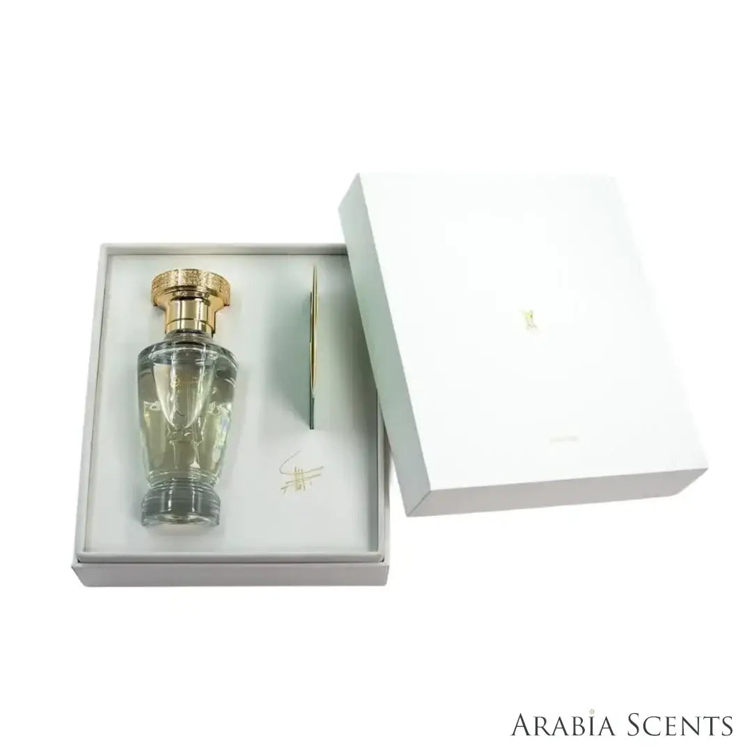 'Abaq' perfume bottle & packaging on a white background with 'Al Majed Oud' branding featured by 'Arabiascents' 