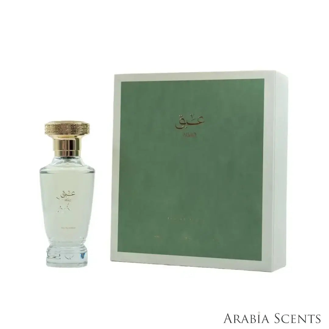 'Abaq' perfume bottle & packaging on a white background with 'Al Majed Oud' branding featured by 'Arabiascents' 