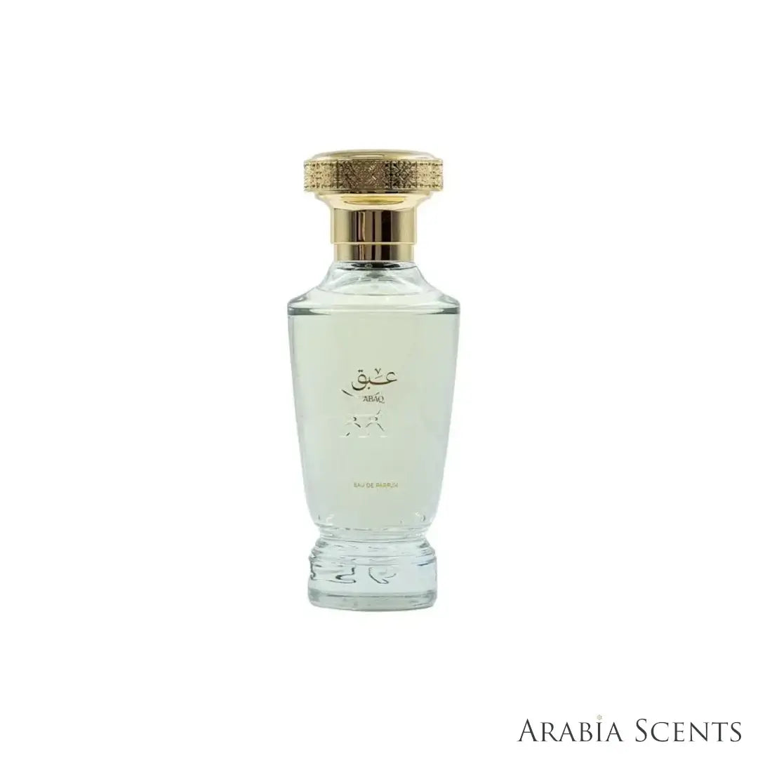 'Abaq' perfume bottle on a white background with 'Al Majed Oud' branding featured by 'Arabiascents' 