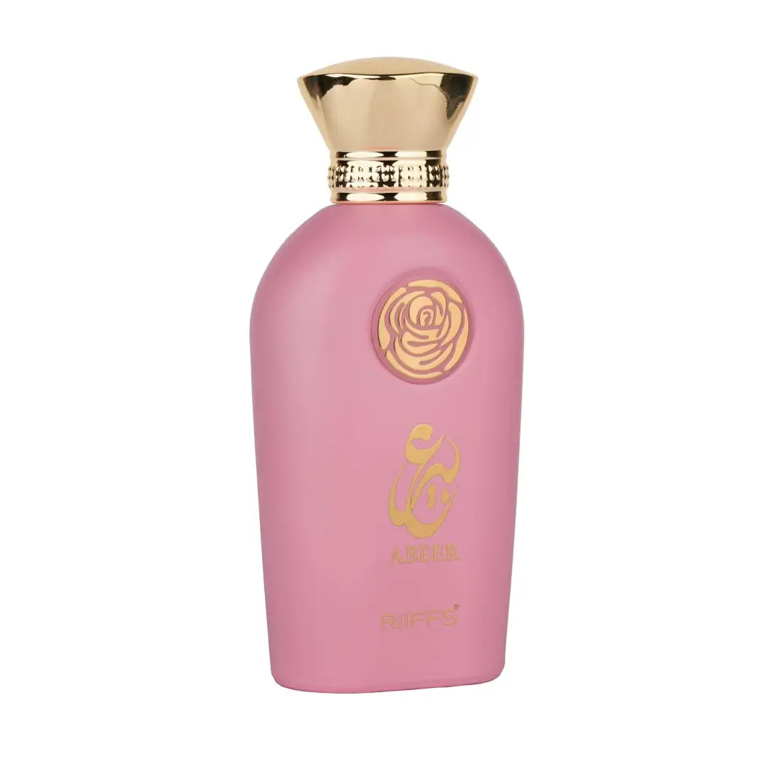 'Abeer' perfume bottle with gold cap  on a white background with 'Riiffs' branding