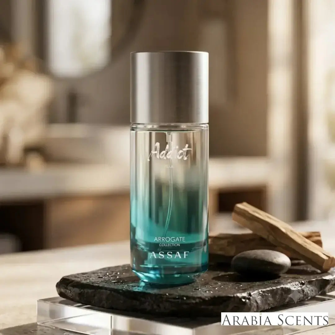'Addict Blue' perfume bottle with 'Assaf' branding featured by 'Arabiascents'
