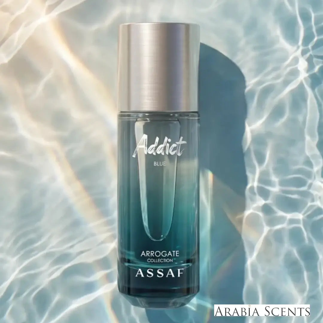 'Addict Blue' perfume bottle with 'Assaf' branding featured by 'Arabiascents'