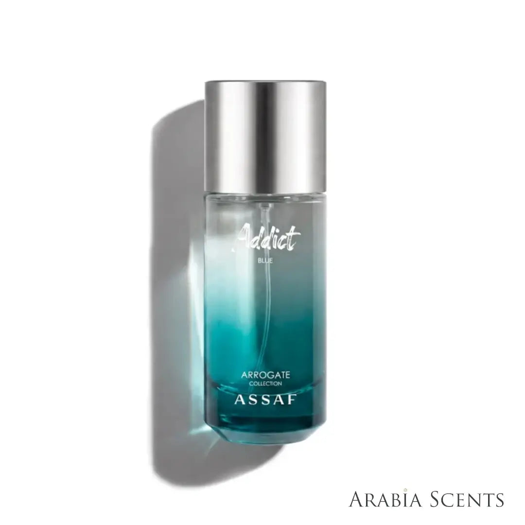 'Addict Blue' perfume bottle on a white background with 'Assaf' branding featured by 'Arabiascents'