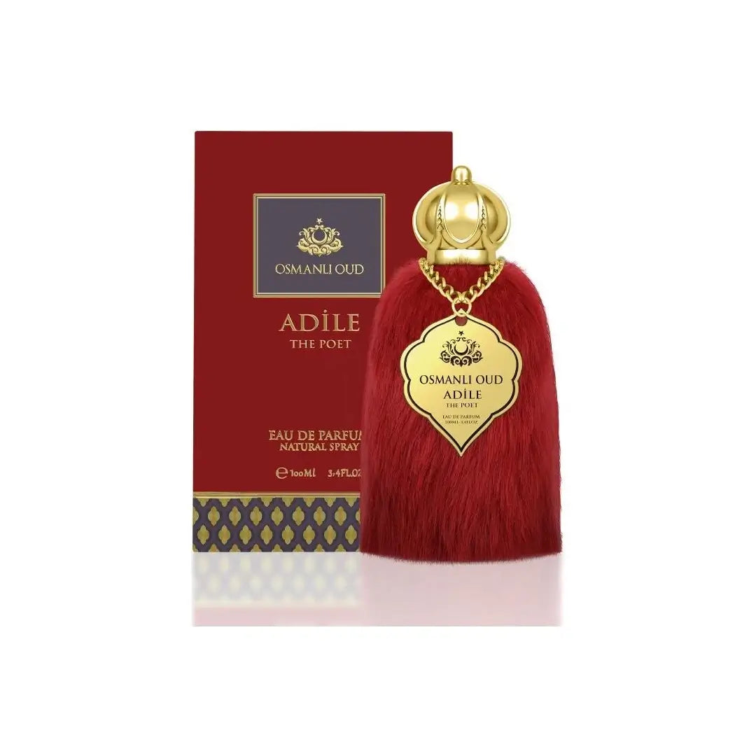 'Adile by Osmanli Oud' Red perfume bottle with gold accents and packaging on a white background