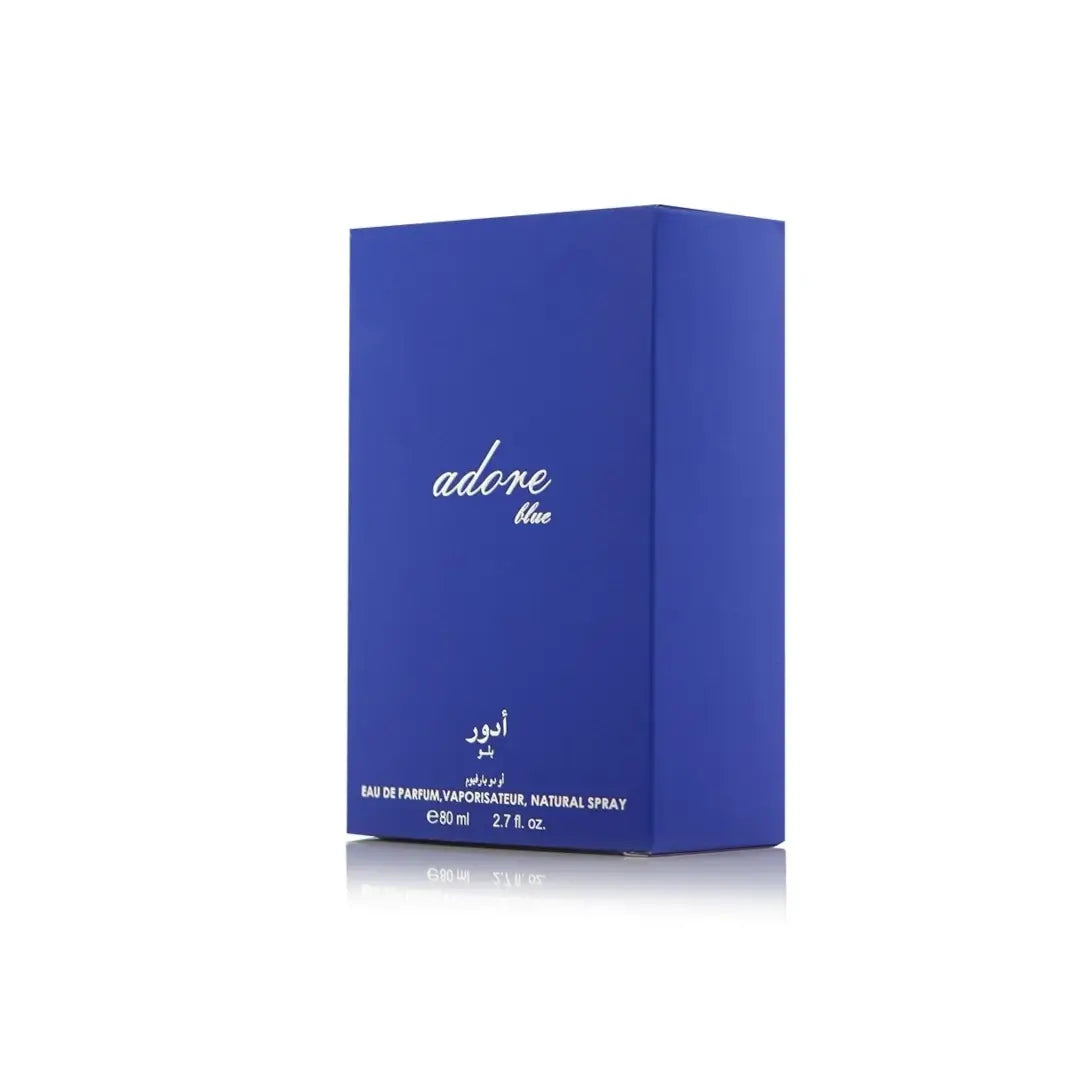 Blue box of 'Adore Blue' perfume on a white background branded Arabian Oud