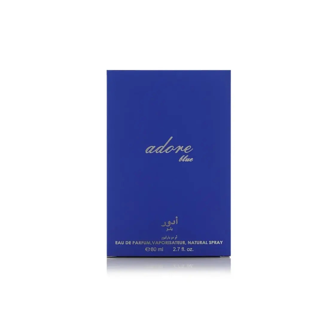 Blue box of 'Adore Blue' perfume on a white background by Arabian Oud