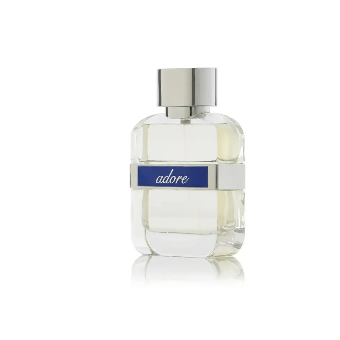 Perfume bottle labeled 'Adore Blue' on a white background branded Arabian Oud