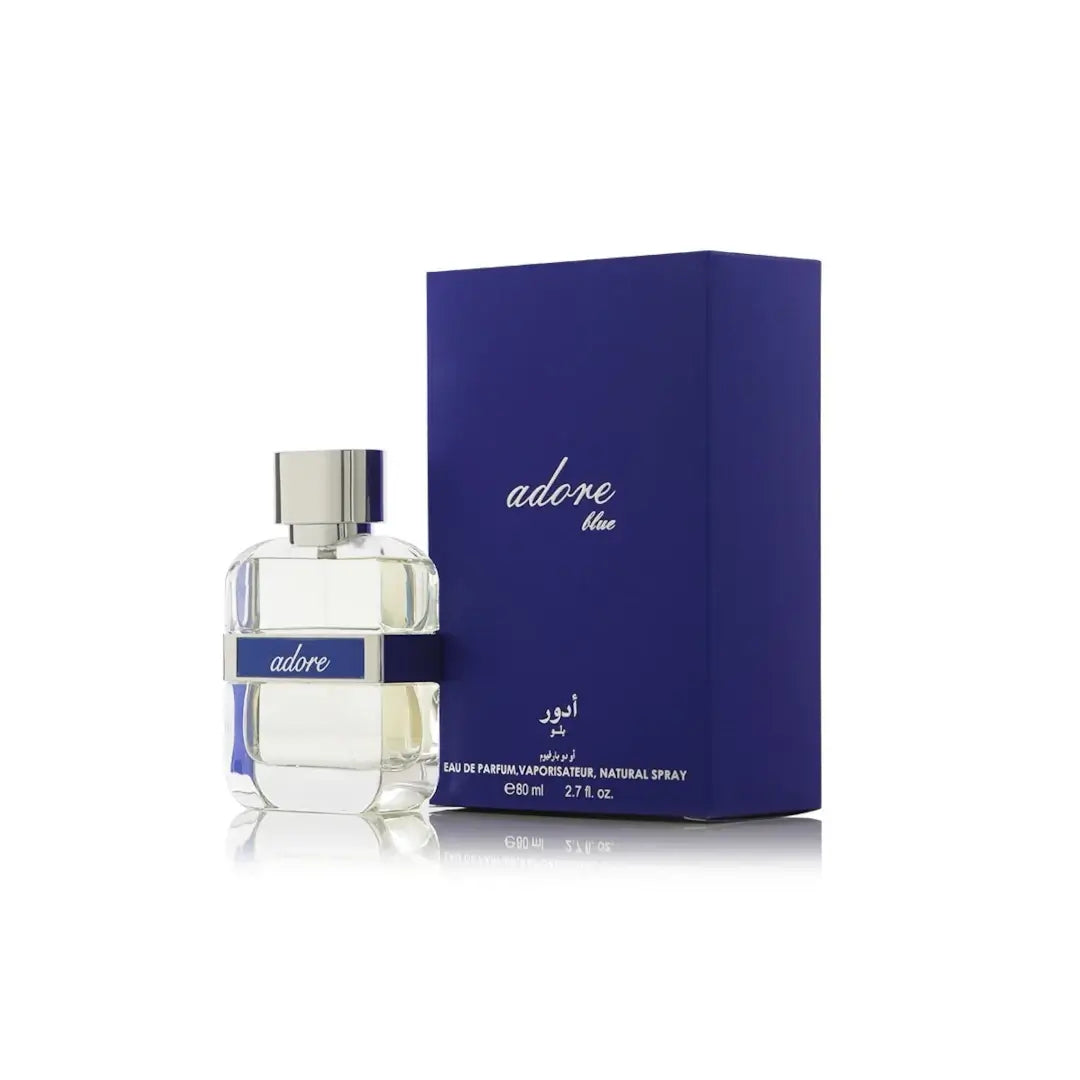 Adore Blue perfume bottle and packaging on a white background by Arabian Oud