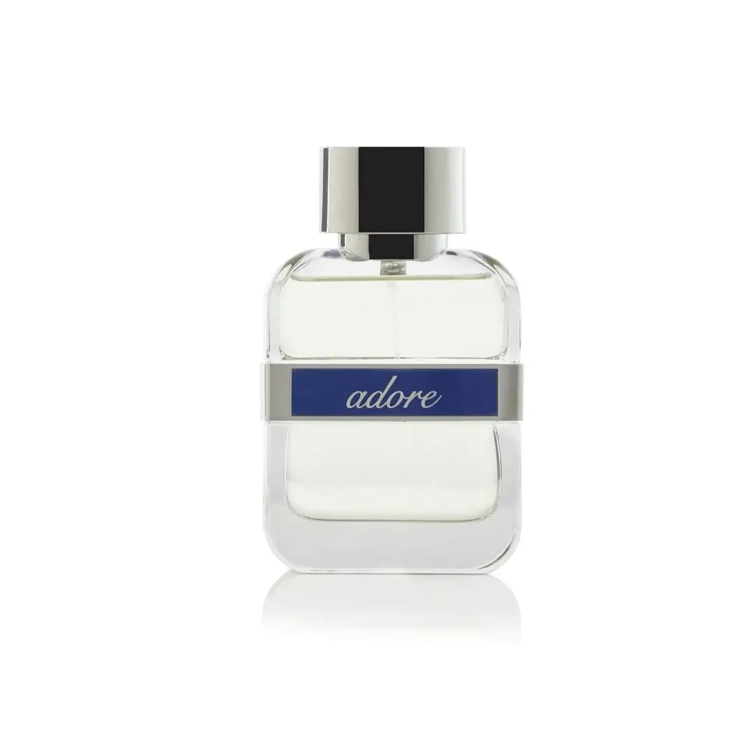 Perfume bottle labeled 'Adore Blue' on a white background by Arabian Oud