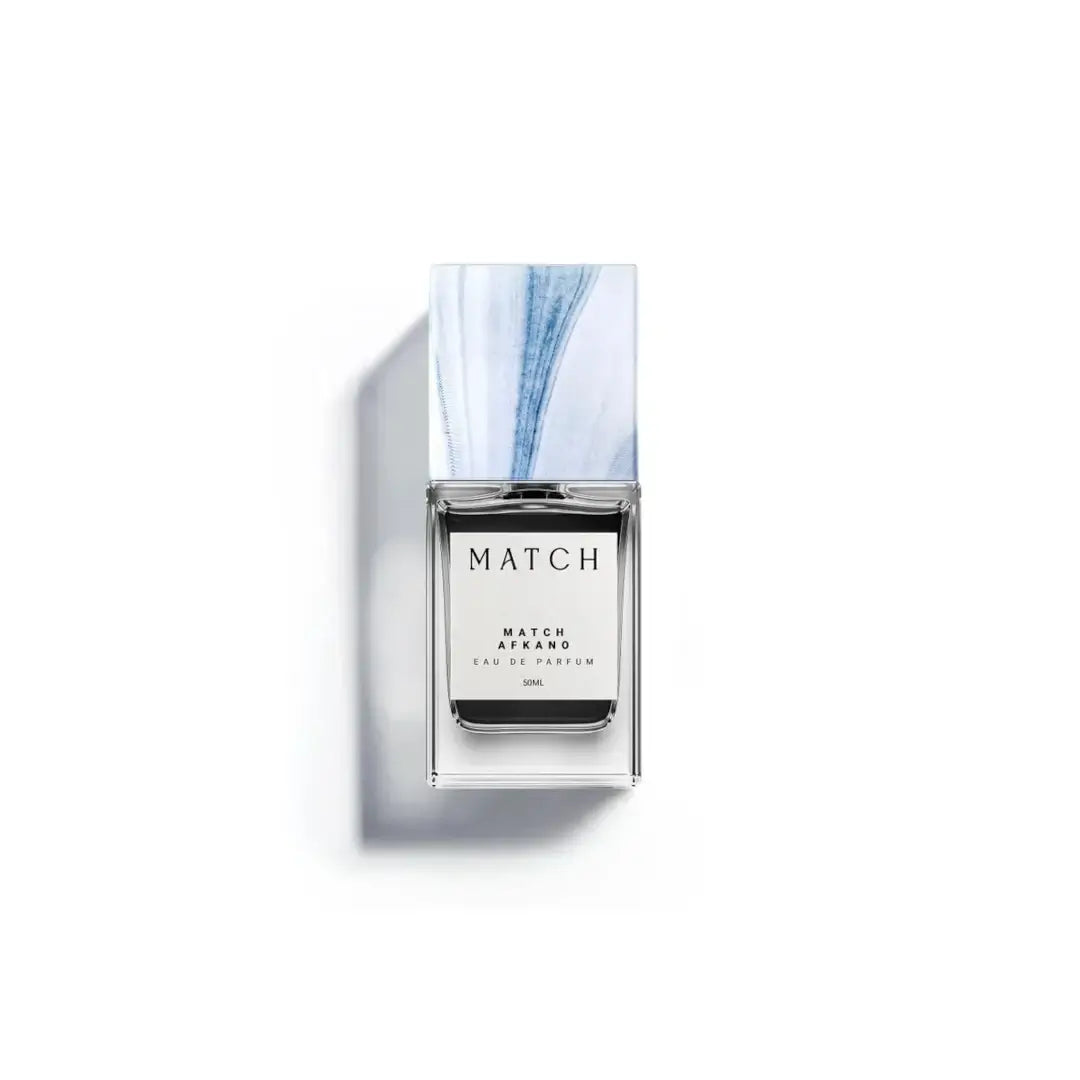 'Afkano' perfume bottle in a white background with 'Match' branding