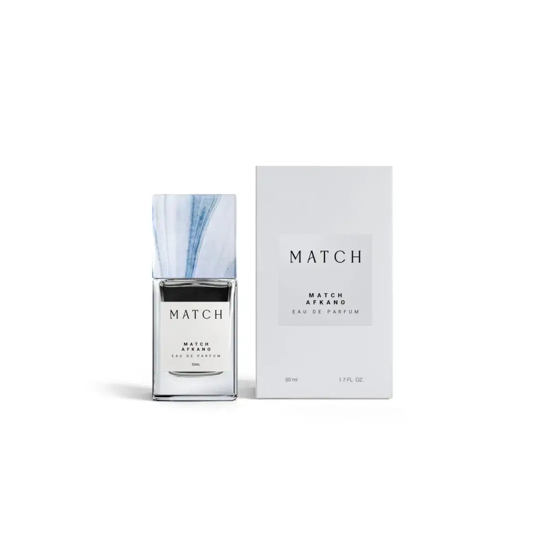 'Afkano' perfume bottle & packaging in a white background with 'Match' branding